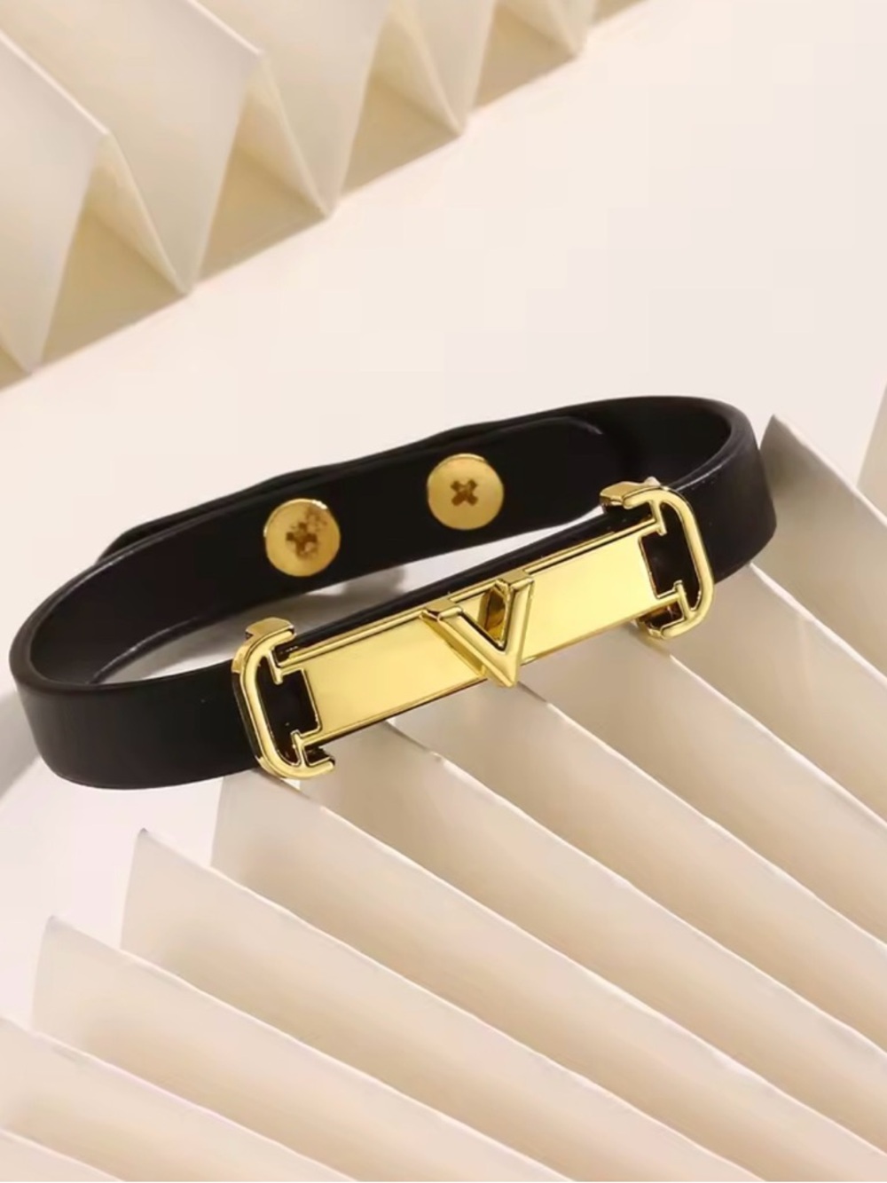 Black Leather Bracelet with Gold V Logo Accent